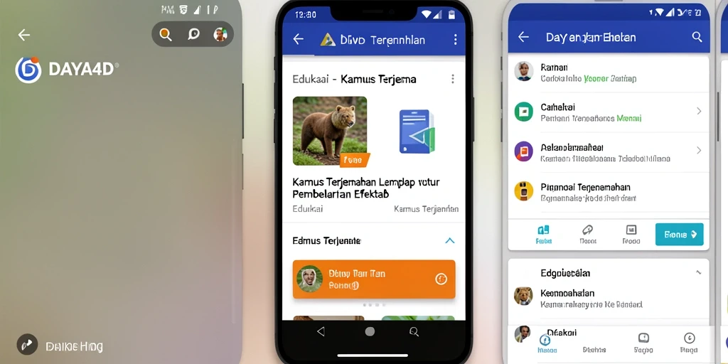 Antarmuka pengguna aplikasi Kamus Terjemahan DAYA4D yang intuitif.