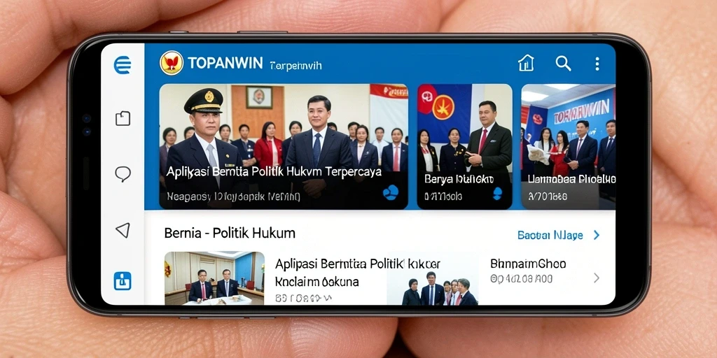 Antarmuka aplikasi TOPANWIN menampilkan berita politik hukum terkini.